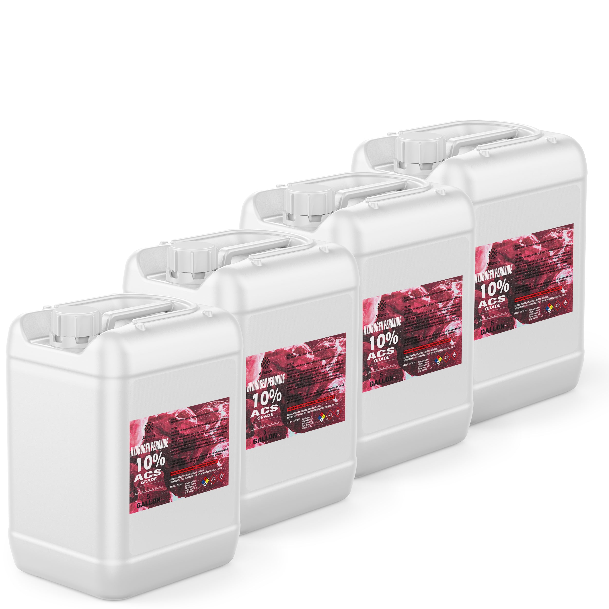 4x5-gallon HDPE containers of 10% ACS-grade hydrogen peroxide in white industrial jugs with red-labeled hazard warnings and screw-top safety caps.